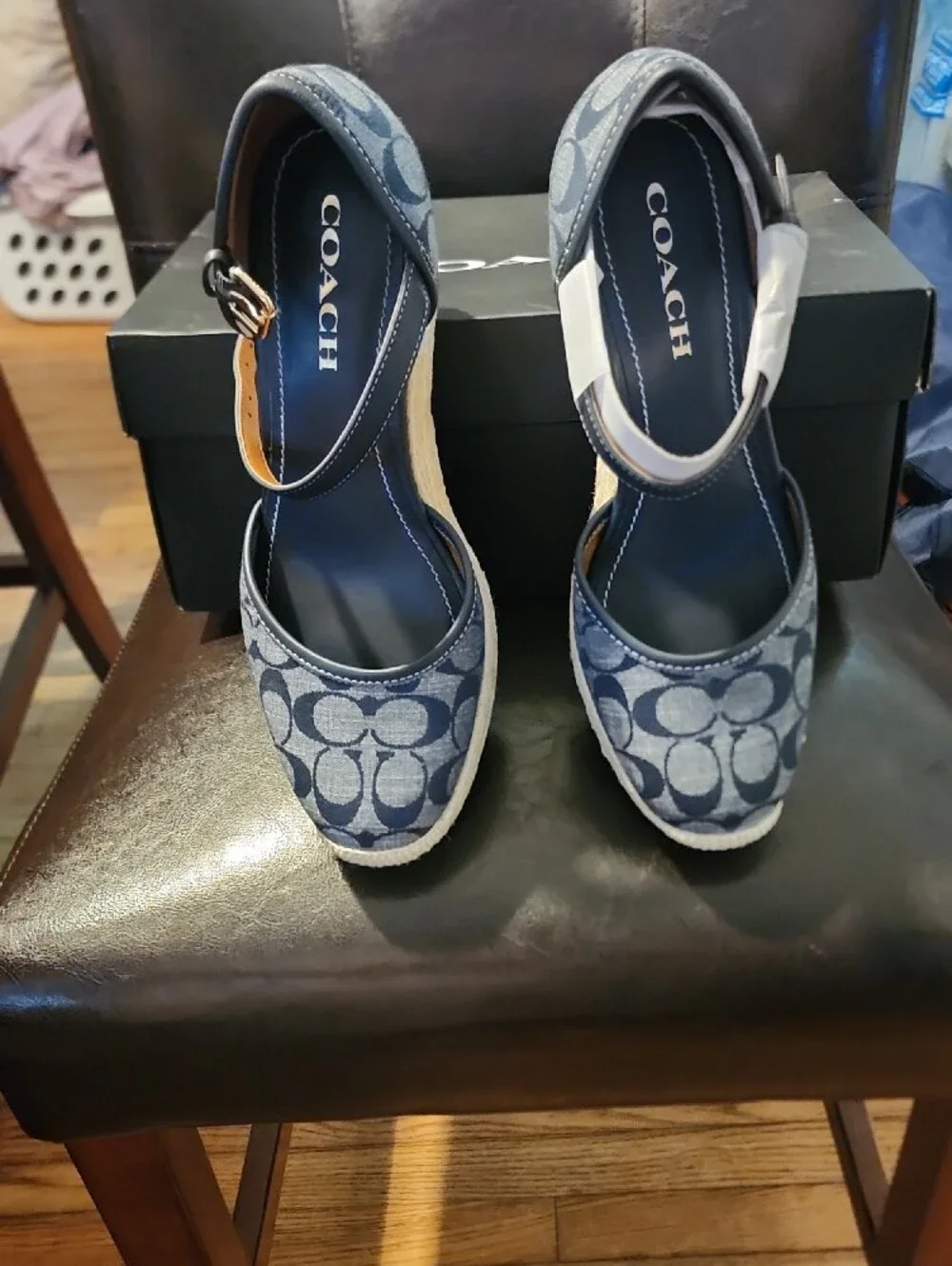 Coach Blue Signature Canvas Espadrille Wedge Sandals with Ankle Strap